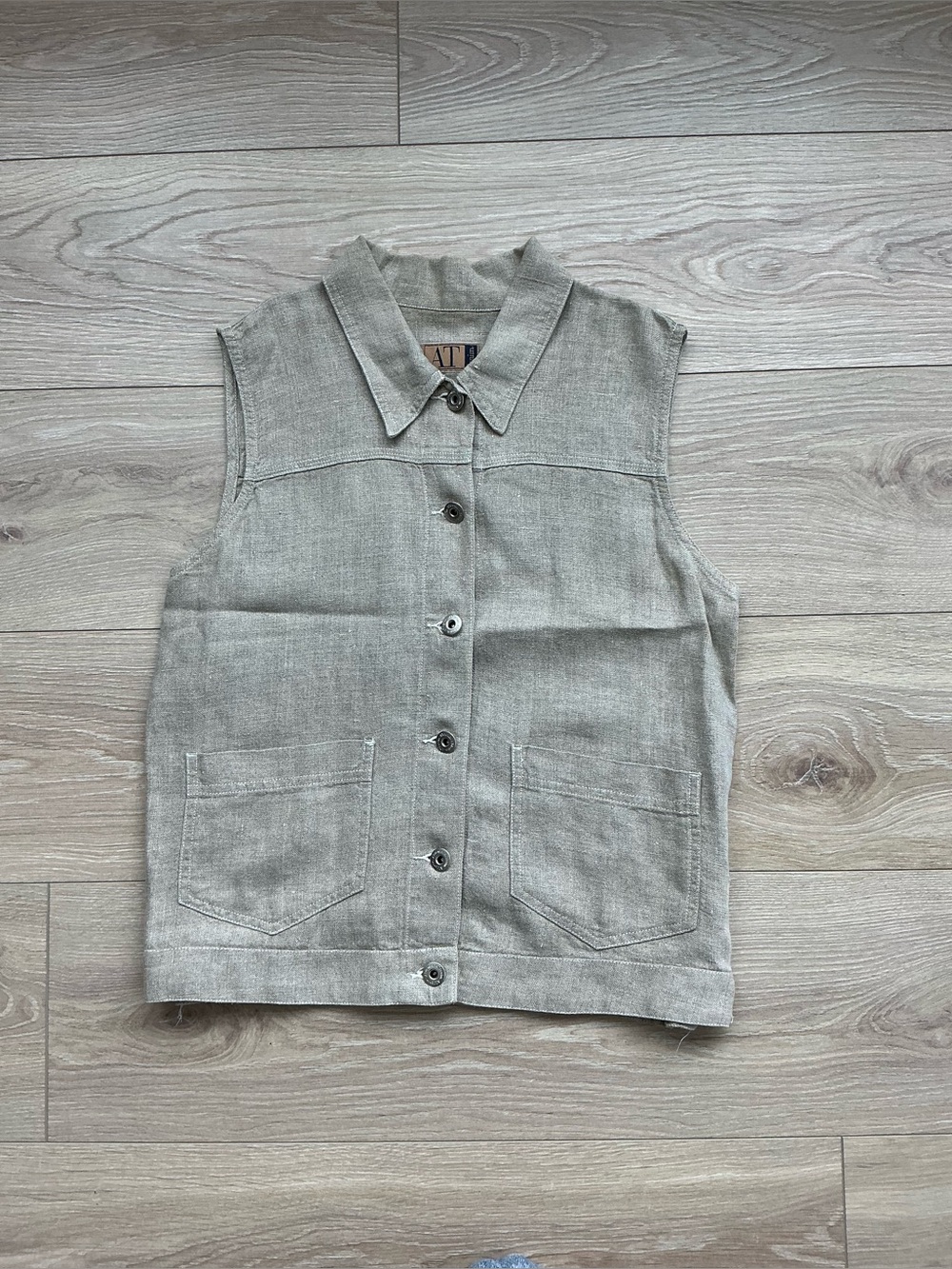 Sleeveless Linen-Blend Button Front Vest in Light Taupe